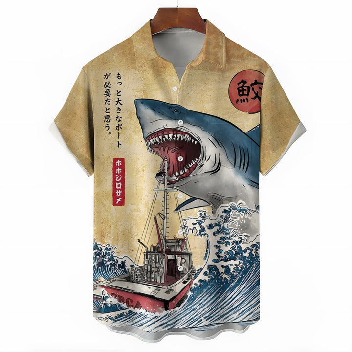 Ukiyoe Waves and Sharks Casual Large Size Short Sleeve Shirt 2406003223