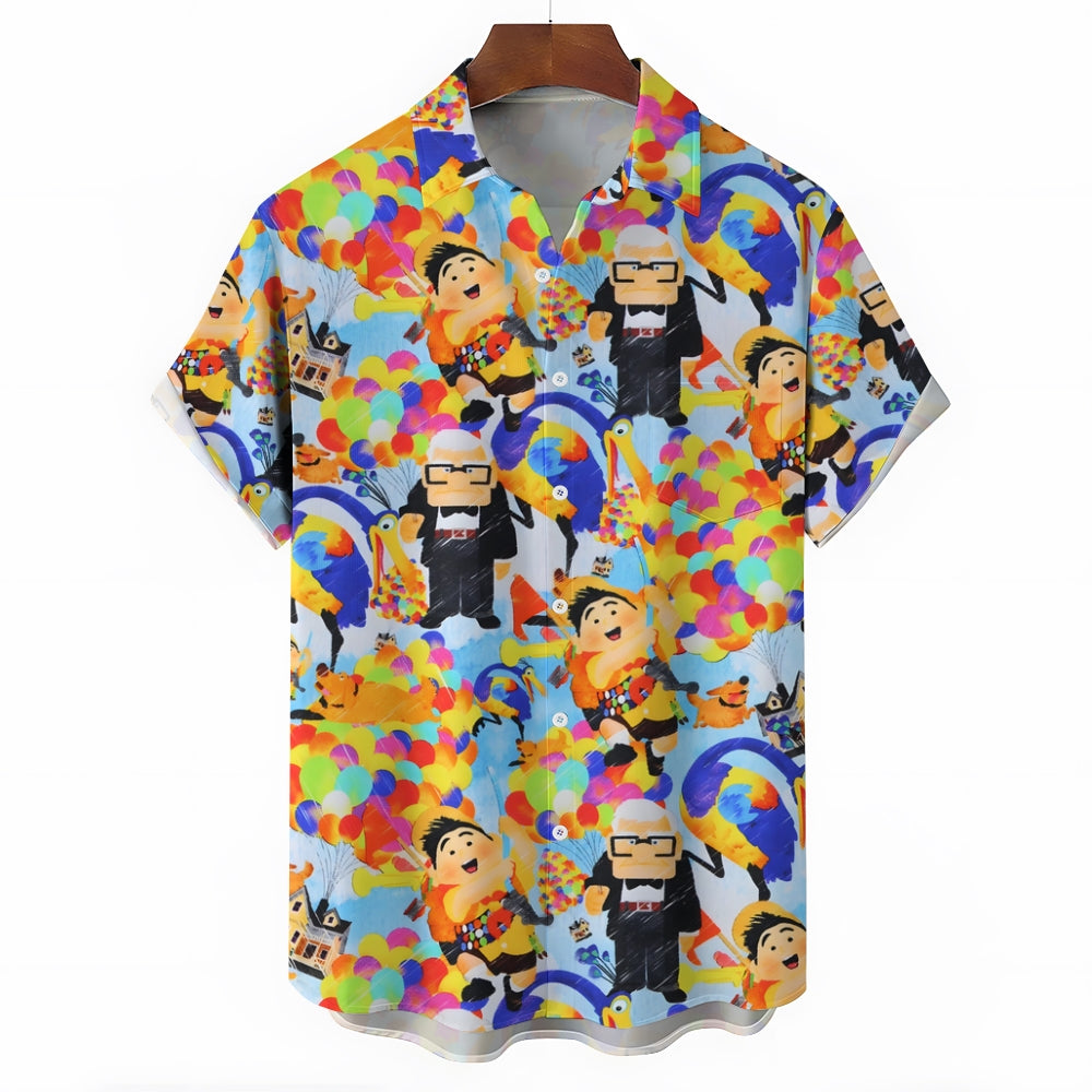 Cartoon Flying House Balloon Print Casual Short Sleeve Shirt 2408007172