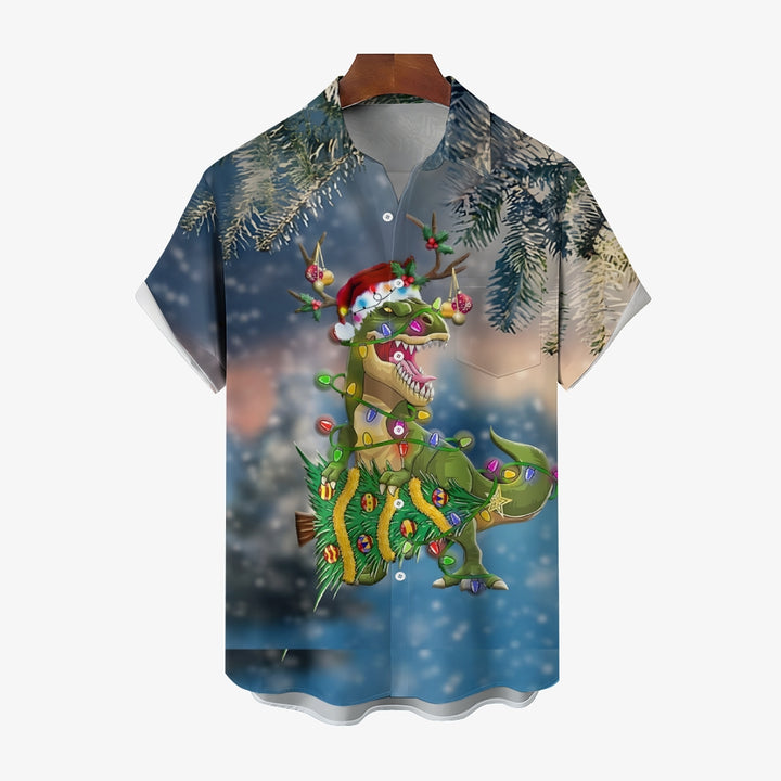 Dinosaur Christmas Colored Lights Casual Short Sleeve Shirt 2408007697