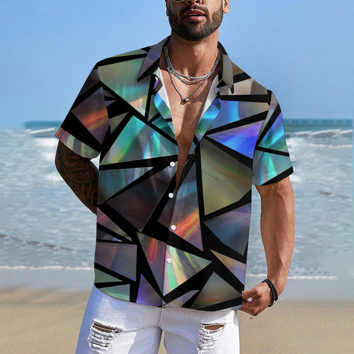 Triangle Color Reflective Print Chest Pocket Short Sleeve Shirt 2411005864