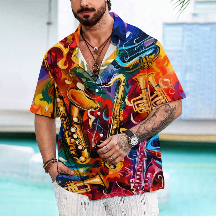 Men's Music Saxophone Print Casual Short Sleeve Shirt 2412007593