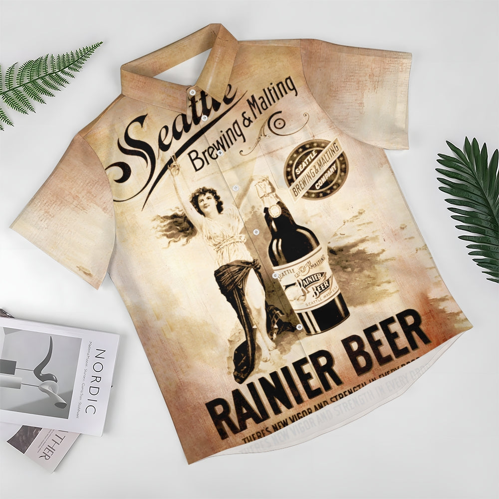 Beer Poster Print Casual Short Sleeve Shirt 2408008426