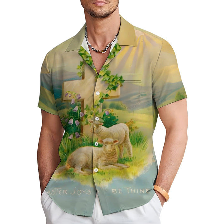 Easter Sheep Cross Print Casual Short Sleeve Shirt 2412010139