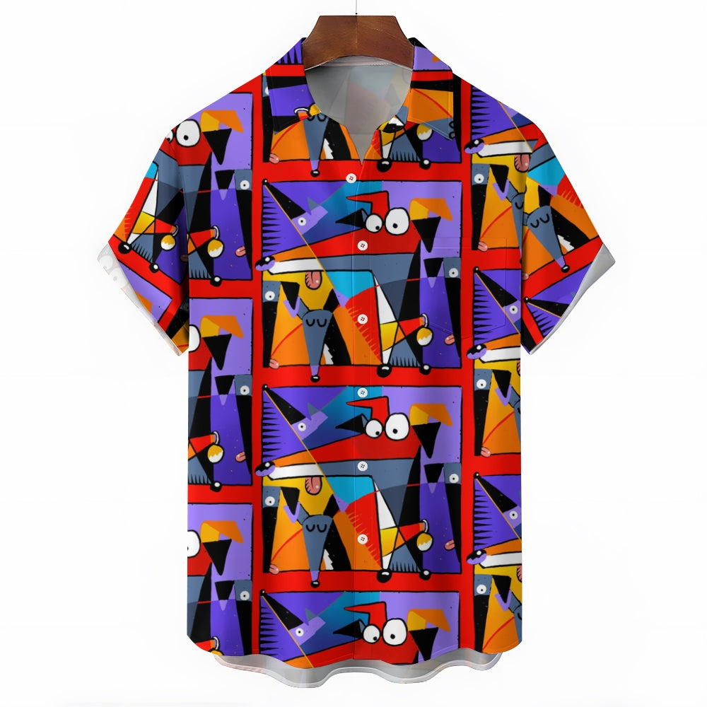 Geometric Hound Print Casual Short Sleeve Shirt 2409001584