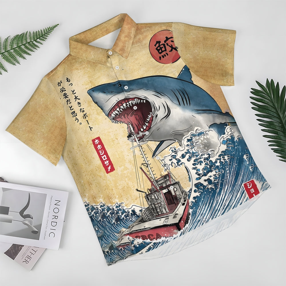 Ukiyoe Waves and Sharks Casual Large Size Short Sleeve Shirt 2406003223