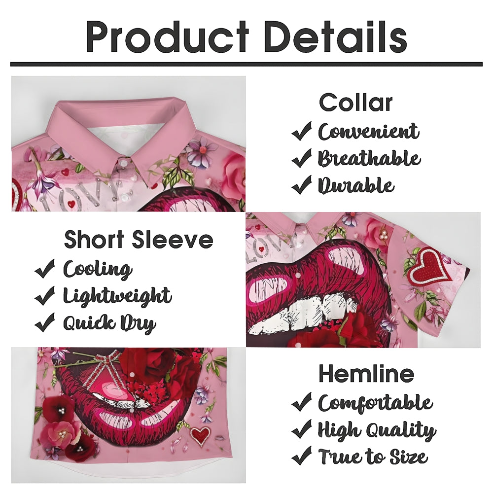 Valentine's Day Rose Lips Casual Short Sleeve Shirt 2412008550