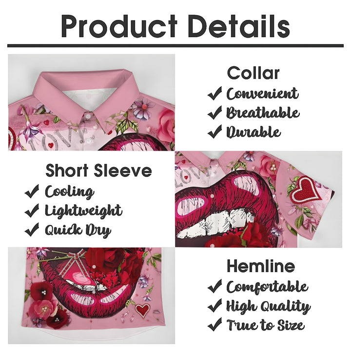 Valentine's Day Rose Lips Casual Short Sleeve Shirt 2412008550