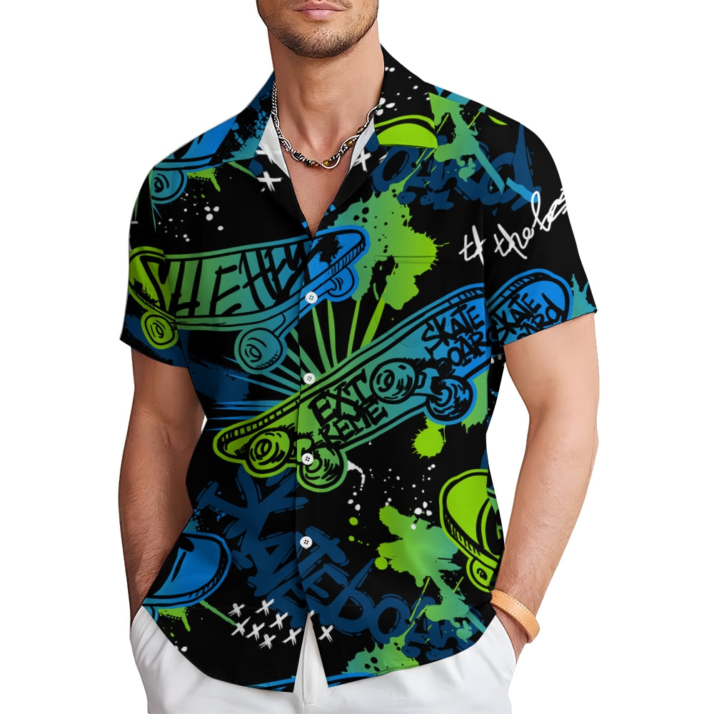 Skateboard Art Print Casual Oversized Short Sleeve Shirt 2406003433