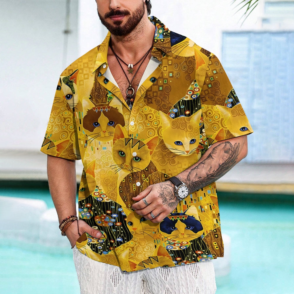 Gold Cat Print Casual Oversized Short Sleeve Shirt 2407005204