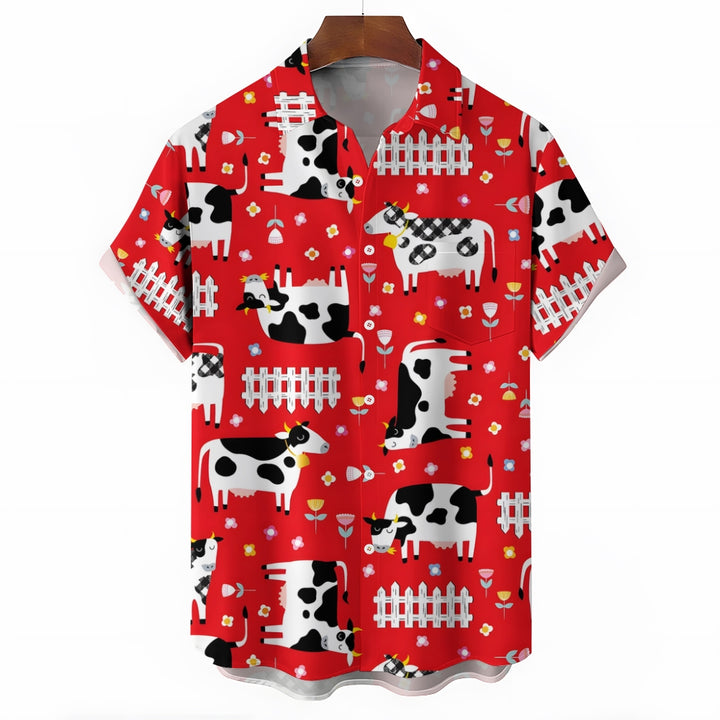 Cow Fence Red Casual Short Sleeve Shirt 2409008970