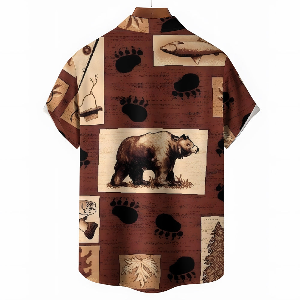 Brown Bear Paw Print Chest Pocket Short Sleeve Shirt 2411001997