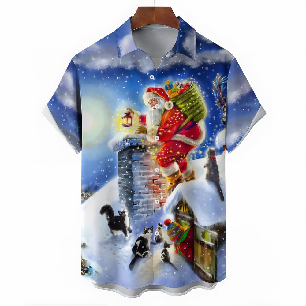 Christmas Santa Claus Giving Gifts Chest Pocket Short Sleeve Shirt 2411005930