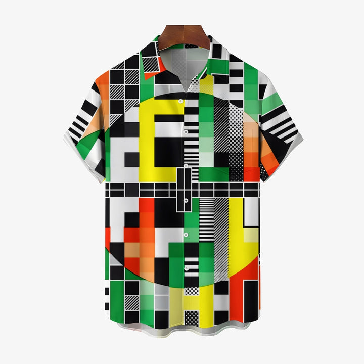 Geometric Mosaic Colorful Linen Short Sleeve Shirt 2409009638