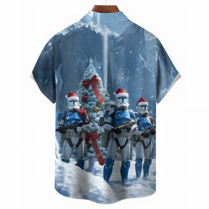 Christmas Cartoon Space Warrior Santa Claus Print  Short Sleeve Shirt 2412005904