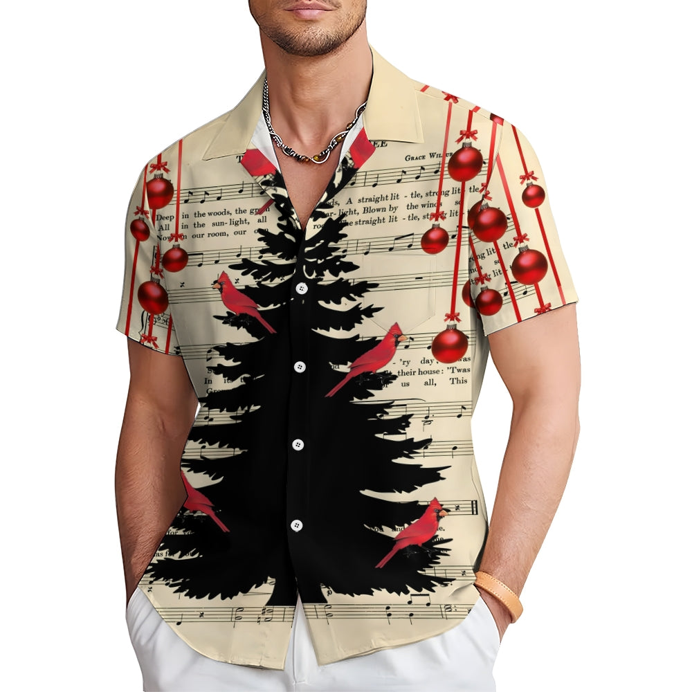 Sheet Music Christmas Tree Print Casual Short Sleeve Shirt 2410002063