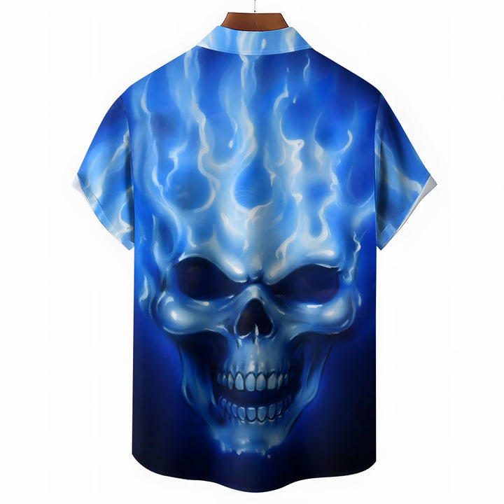 Skull And Flame Print Chest Pocket Short Sleeve Shirt 2411001990