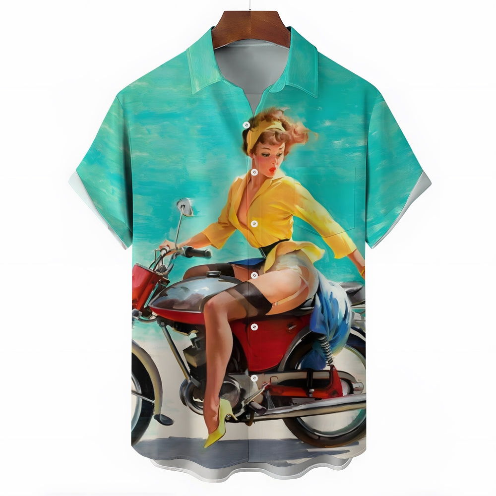 Retro Poster Motorcycle Sexy Girl Print Short Sleeve Shirt 2411008153