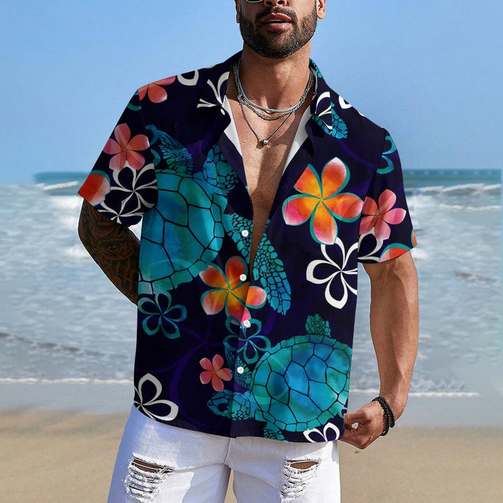 Hawaiian Flower And Turtle Art Print Casual Short Sleeve Shirt 2410001351