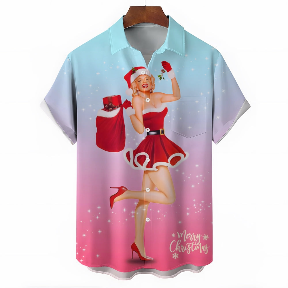 Merry Christmas Girl Gradient Print Casual Short Sleeve Shirt 2411008150