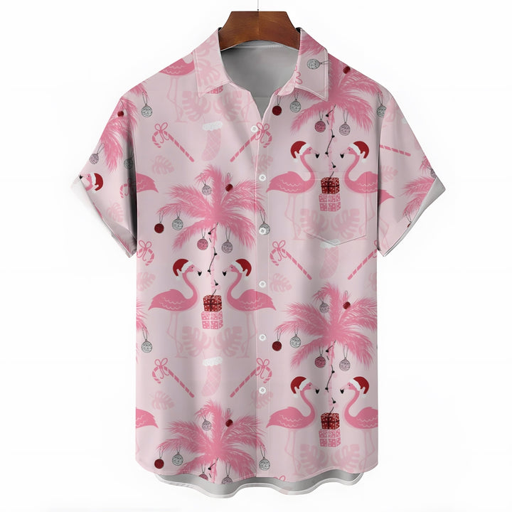 Christmas Flamingo With Hat Print Short Sleeve Shirt 2410002074