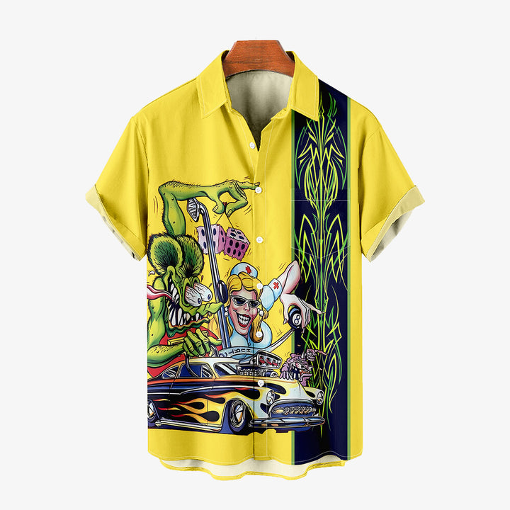 Men's Car Modification TiKi Geometric Stripe Cartoon Print Large Short Sleeve Shirt 2406001550