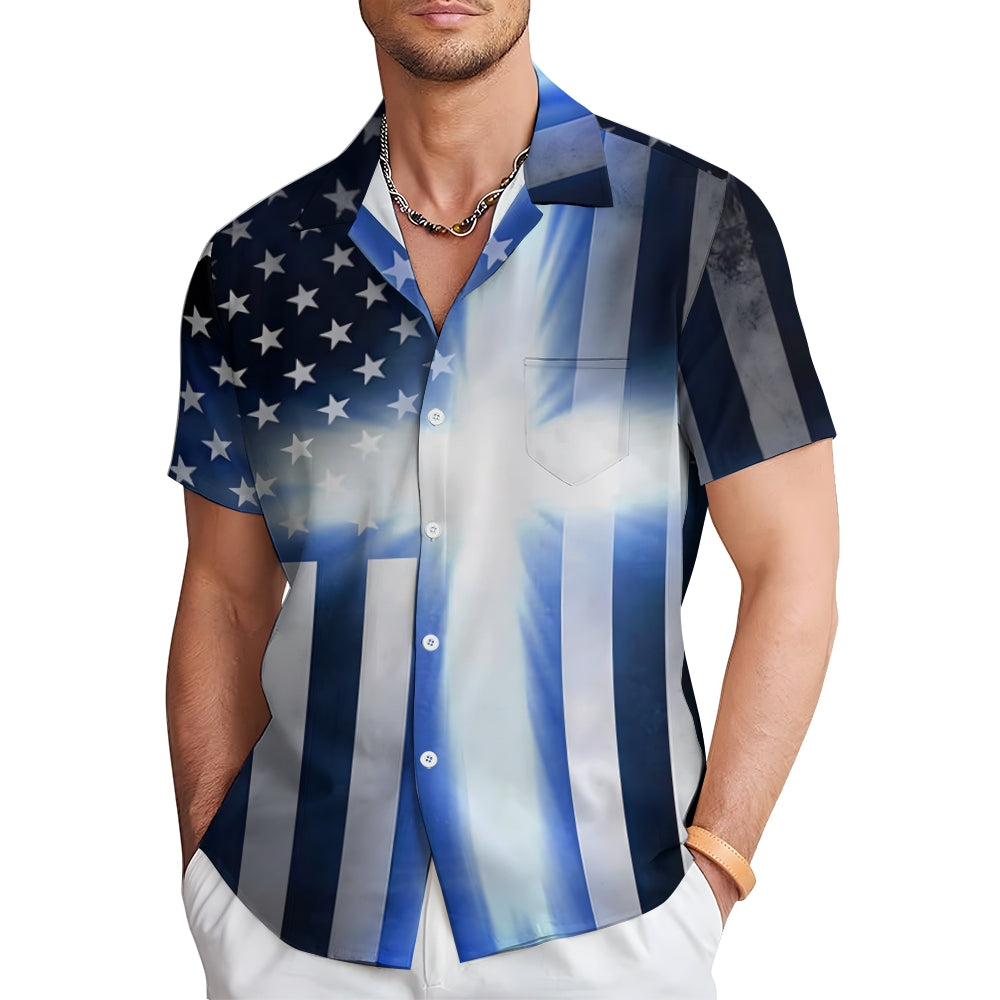 Stars and Stripes Cross Printed Casual Short Sleeve Shirt 2408002678