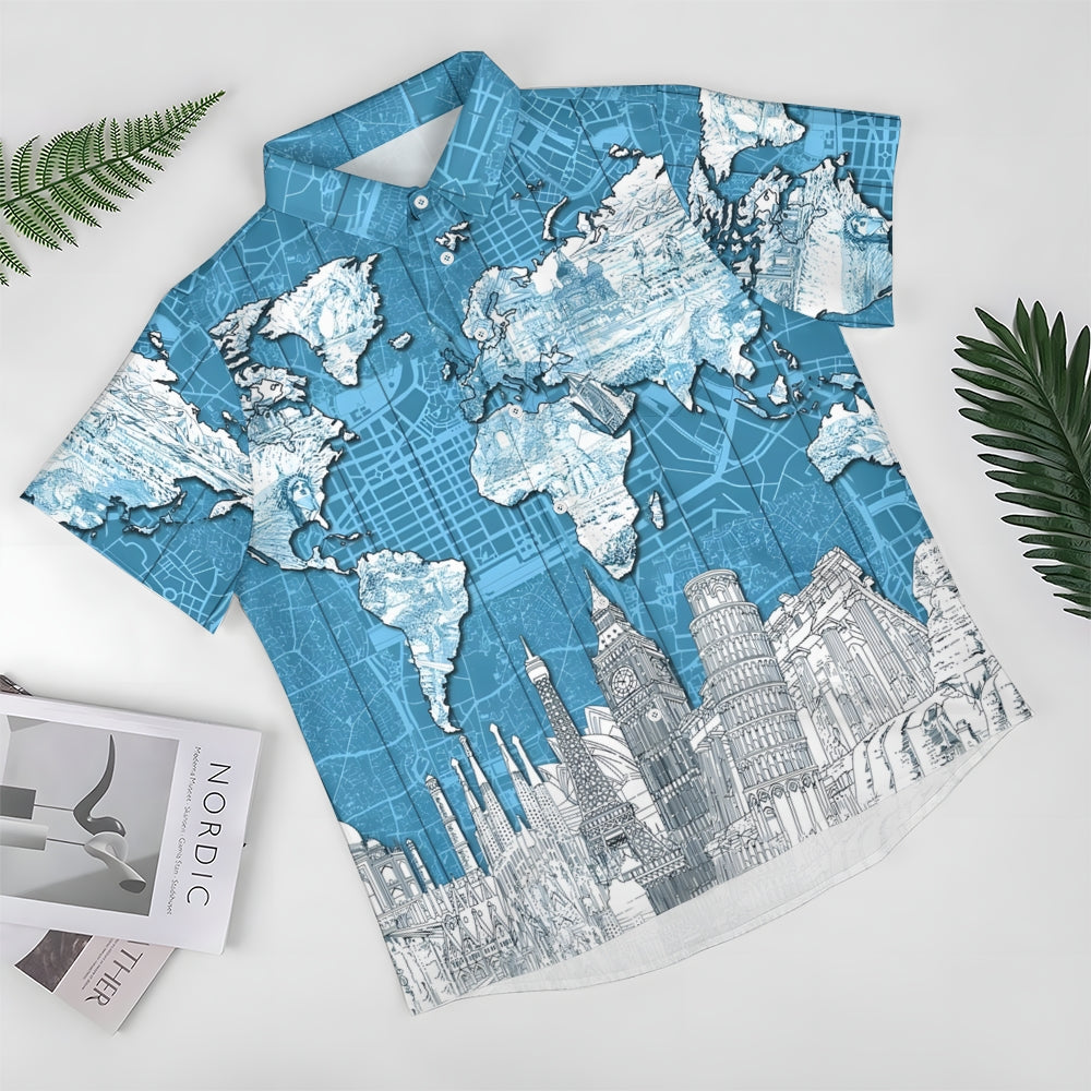 World Map Printed Casual Short Sleeve Shirt 2411000285