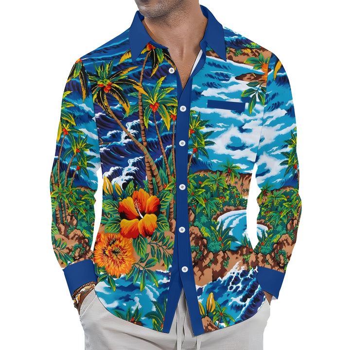 Men's Casual Hawaiian Coconut Palm Printed Long Sleeve Shirt 2403000599