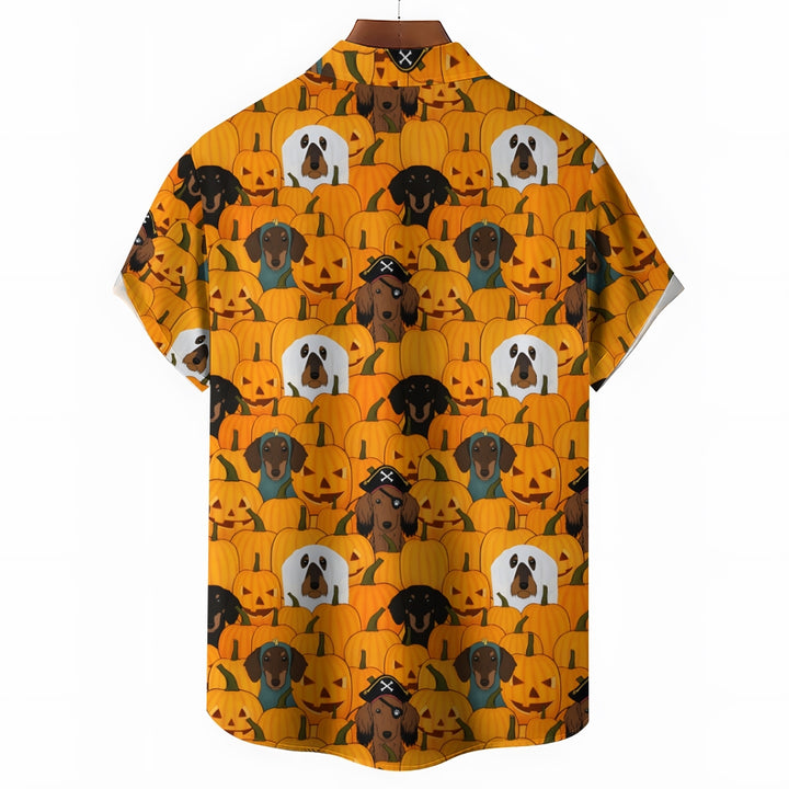 Halloween Pumpkin Puppy Print Short Sleeve Shirt 2408002274