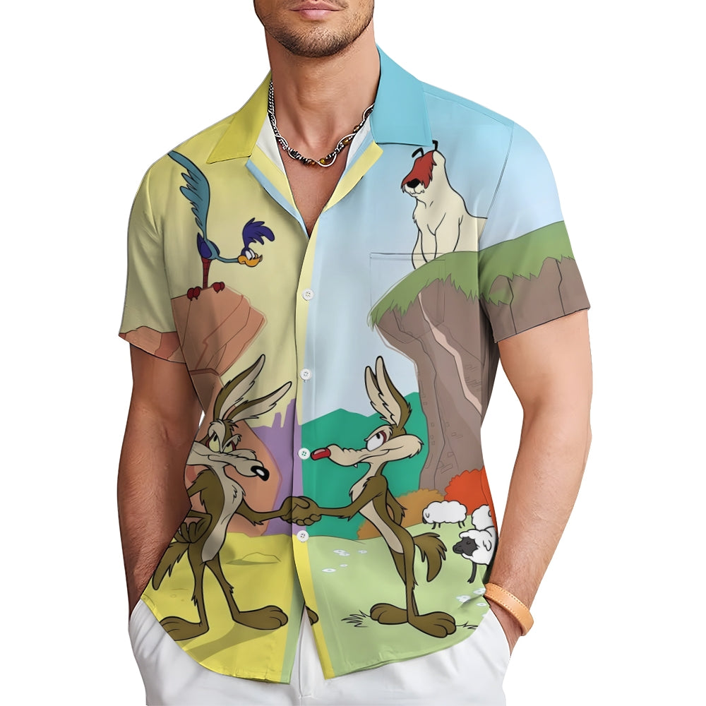 Cartoon Character Bad Wolf Print Short Sleeve Shirt 2412002228