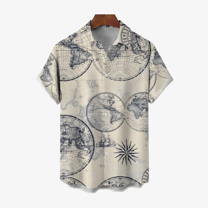 Nautical World Map Printed Casual Oversized Short Sleeve Shirt 2407000611