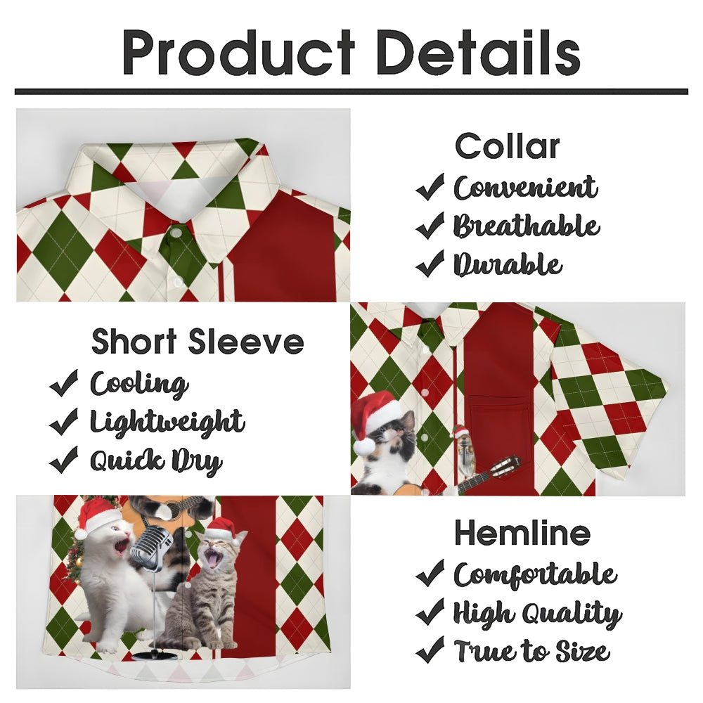 Cats Wearing Santa Hats And Singing Print Short Sleeve Shirt 2410003956