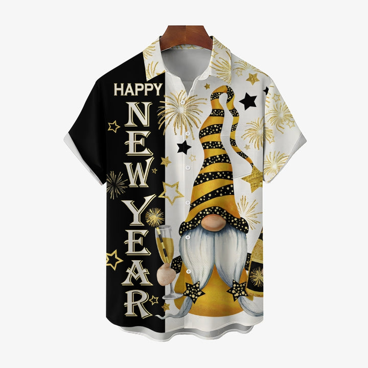 Happy New Year Gnome Champagne Print Casual Short Sleeve Shirt 2412002787