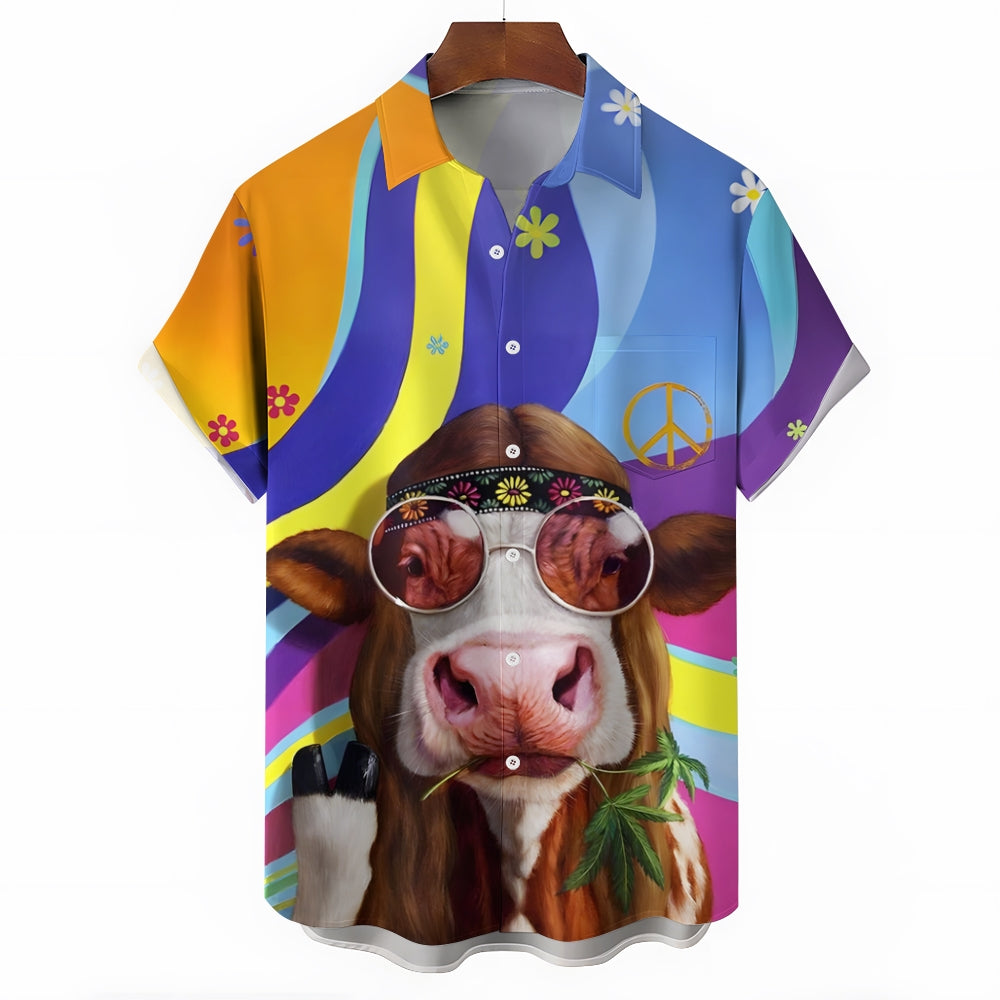 Fun Peaceful Cool Cow Print Casual Short Sleeve Shirt 2412009537