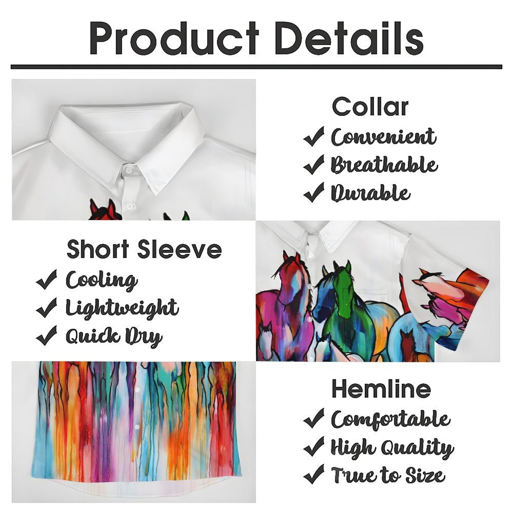 Colorful Horse Art Print Casual Oversized Short Sleeve Shirt 2407002251