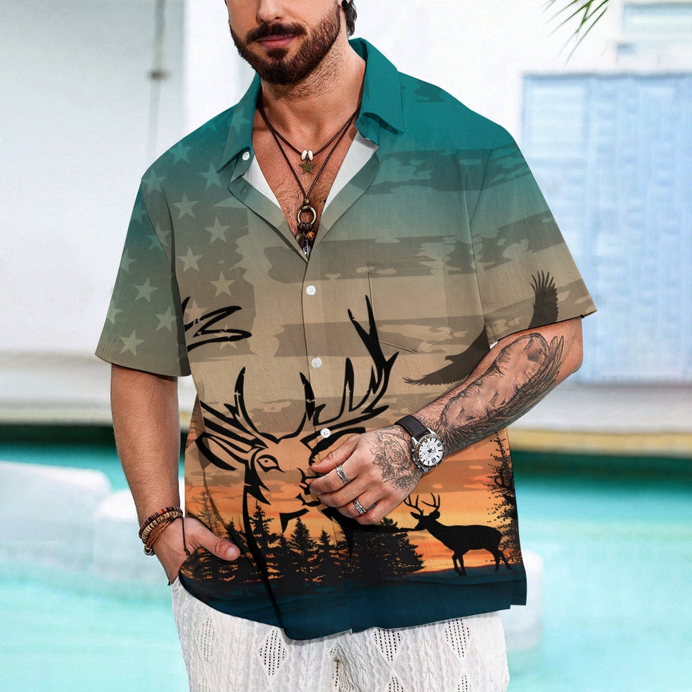 Hunting Deer Print Casual Short Sleeve Shirt 2412003735