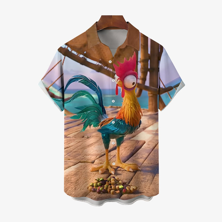 Funny Rooster Eating Print Casual Short Sleeve Shirt 2410001921