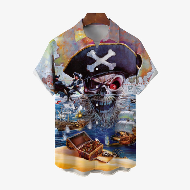 Vintage Nautical Pirate Print Chest Pocket Short Sleeve Shirt 2411002012