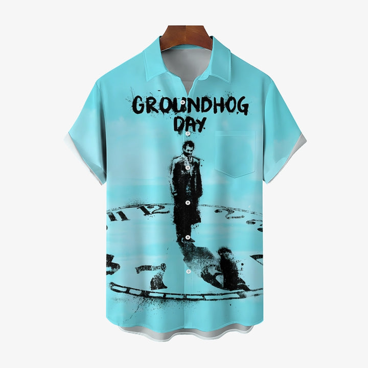 Groundhog Day Clock Print Casual Short Sleeve Shirt 2412003928