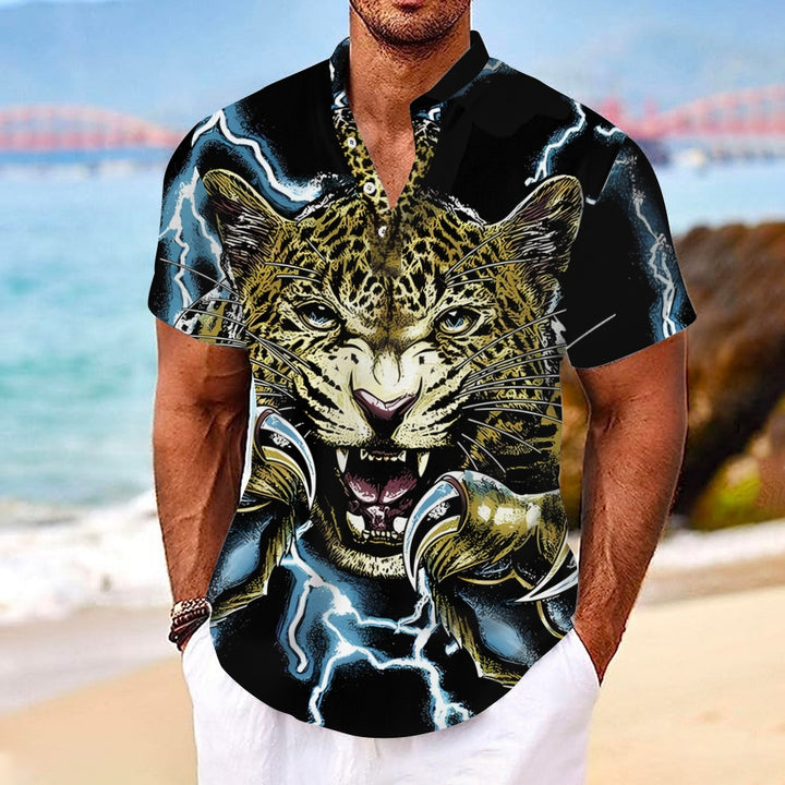 Cheetah Print Casual Stand-Up Collar Short-Sleeved Shirt 2408007168