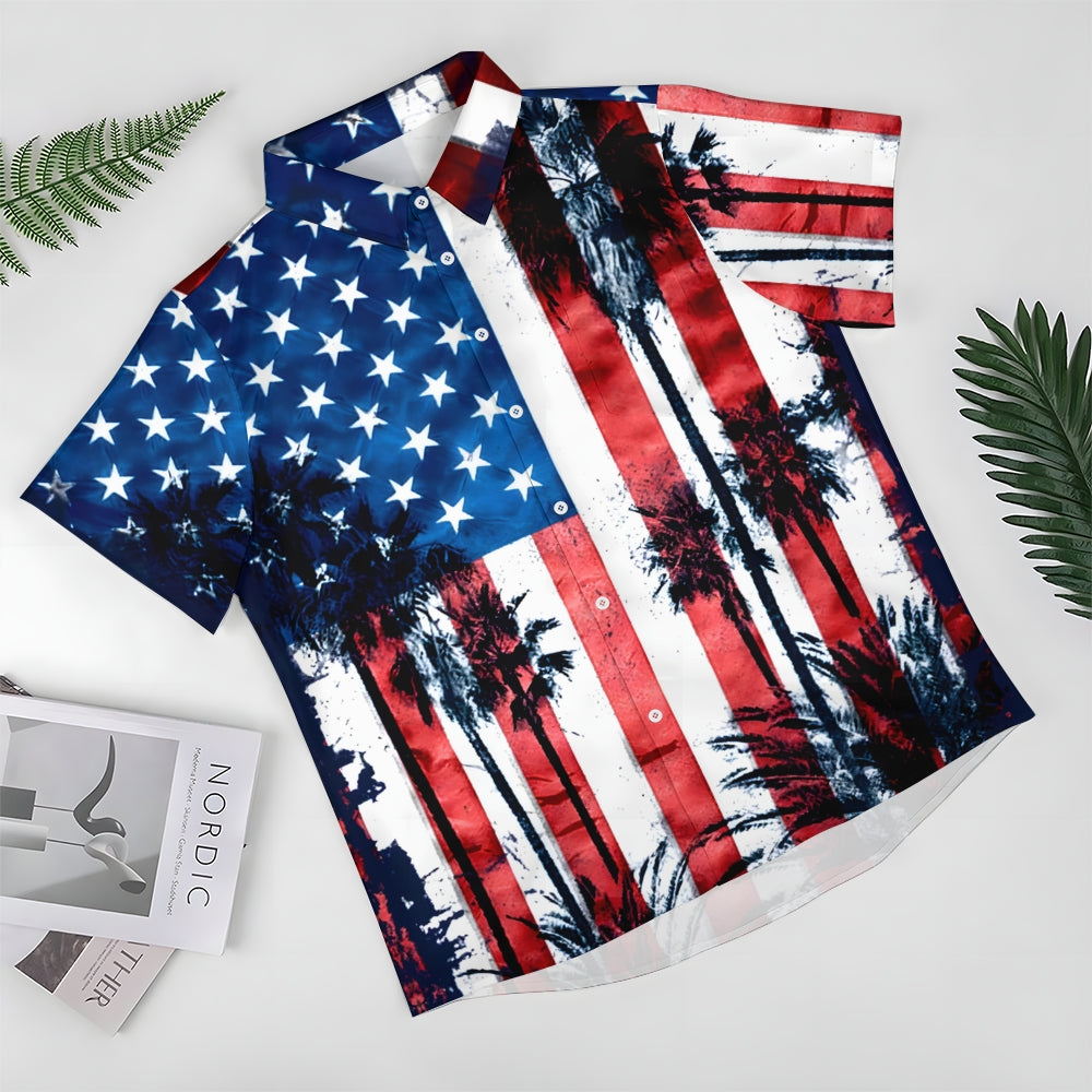 American Flag Palm Trees Casual Short Sleeve Shirt 2411003451