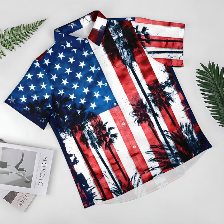 American Flag Palm Trees Casual Short Sleeve Shirt 2411003451