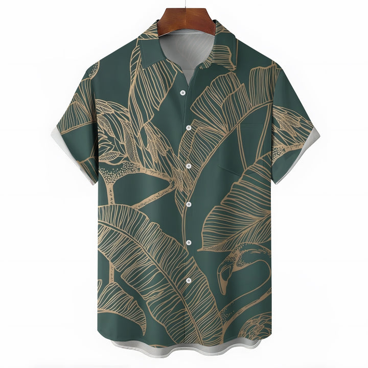 Leaf Flamingo Metallic Print Casual Short Sleeve Shirt 2405000682