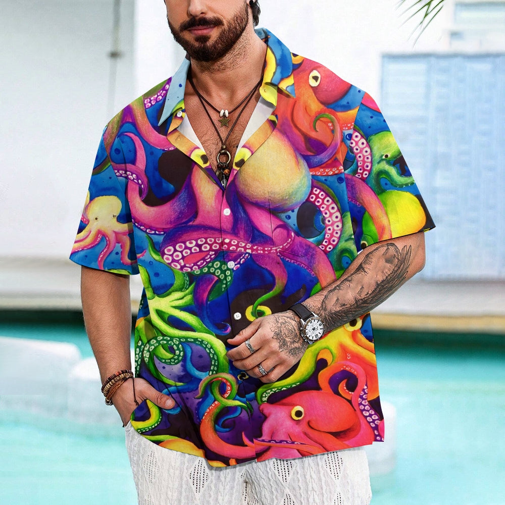 Colorful Octopus Print Casual Oversized Short-Sleeved Shirt 2407001283