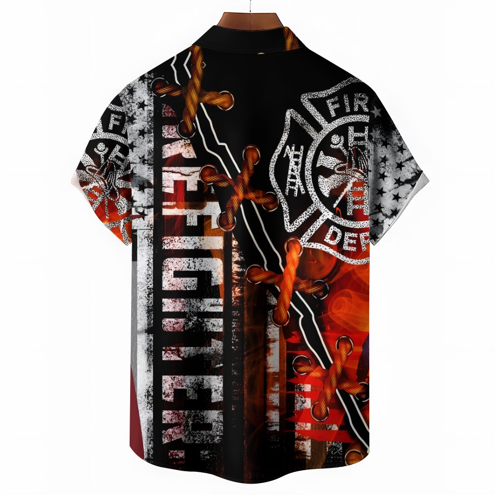 Firefighter Great Flame Print Chest Pocket Short Sleeve Shirt 2411002023