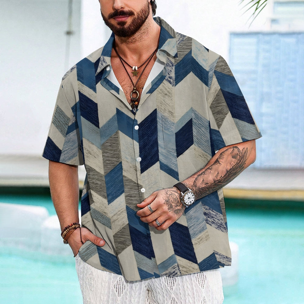 Retro Texture Geometric Print Casual Large Size Short Sleeve Shirt 2407002074