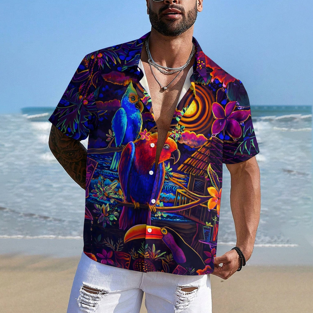 Colorful Parrot Tiki Art Print Casual Large Size Short-Sleeved Shirt 2407000557