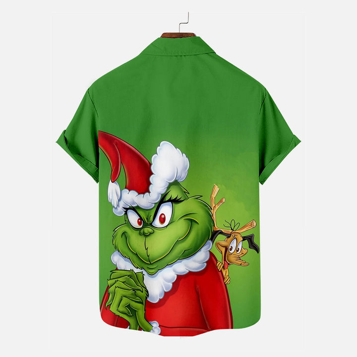 Christmas Cartoon Green Monster And Puppy Print Short Sleeve Shirt