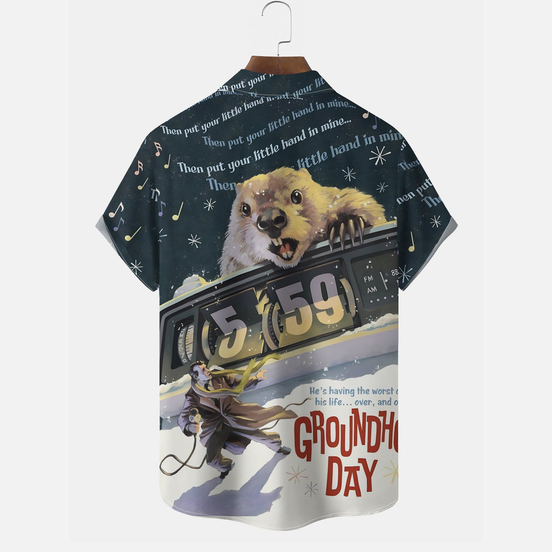 Groundhog Day Cartoon Print Men's Chest Pocket Stretch Hawaiian Shirt Big Tall