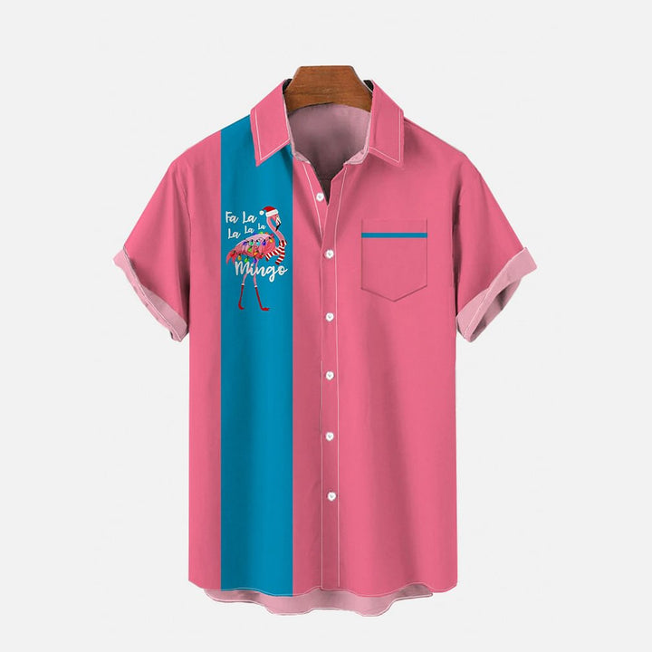 Retro Camping Pink And Blue Striped And Santa Flamingo Printing Breast Pocket Short Sleeve Shirt